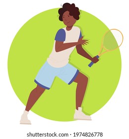 Workout playing tennis. Black sportsman, uniform. Shot, match pose competition. Rings medal. Games international sports apparel. Ball hit collection. Man and racket. Athlete character flat icon
