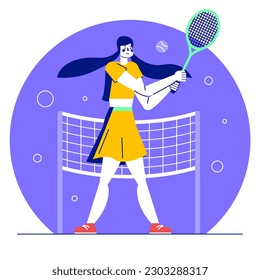 Workout playing tennis. Cartoon young woman in sports uniform play tennis, holding racket and hitting ball. Flat style illustration in circle on white background