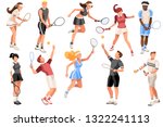 Workout playing tennis. Set, sportsman uniform. Shot, match pose competition. Rings medal. Games international sports apparel. Ball hit collection. Man and racket. Athlete character flat icon