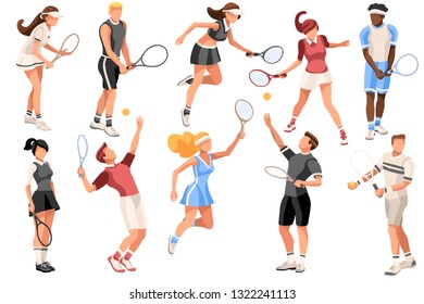 Workout playing tennis. Set, sportsman uniform. Shot, match pose competition. Rings medal. Games international sports apparel. Ball hit collection. Man and racket. Athlete character flat icon