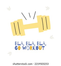 Workout poster with dum bell. Cute cartoon style.