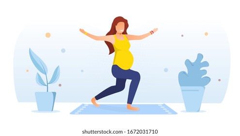 Workout for pregnant concept. Simple image of a pregnant woman in yellow and blue clothing doing easy exercises at home on the mat