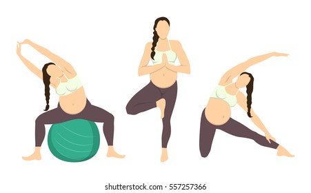 Workout for pregnant set. Exercises with fit ball. Yoga training. Healthcare for young mothers.