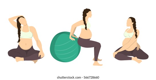 Workout for pregnant set. Yoga training. Healthcare for young mothers. Stretching for health. Exercise with fit ball. Neck stretching.