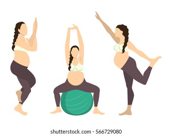 Workout for pregnant set. Yoga training. Healthcare for young mothers. Stretching for health. Exercise with fit ball. One leg standing.