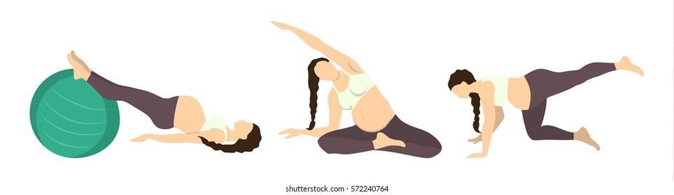 Workout for pregnant set. Yoga training. Healthcare for young mothers. Stretching for health. Exercise with fit ball.