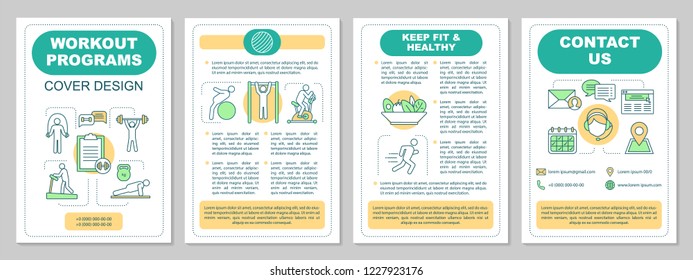 Workout programs brochure template layout. Fitness. Gym training exercises. Flyer, booklet, leaflet print design. Physical activities and healthy nutrition. Vector page layouts for magazines, posters