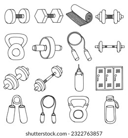 Juego de iconos del vector del Doodle relacionado de entrenamiento. Línea dibujada a mano en la ilustración del esbozo de dibujo.