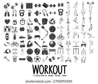 Conjunto de ícones de vetor Doodle relacionado ao treino. Desenho esboço ilustração mão desenhado linha.
