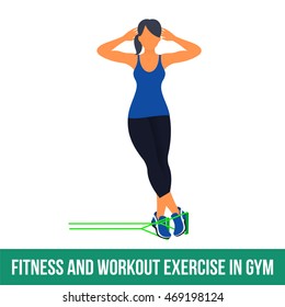 Workout WITH RESISTANCE BAND. Fitness, Aerobic and workout exercise in gym. Vector set of workout icons in flat style isolated on white background.