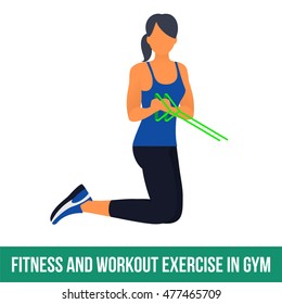 Workout WITH RESISTANCE BAND. Fitness, Aerobic and workout exercise in gym. Vector set of workout icons in flat style isolated on white background.