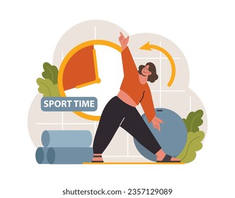Workout routine. Woman doing sport. Stretching and gymnastics exercises. Physical activity of modern lifestyle for longevity and physical well being. Flat vector illustration