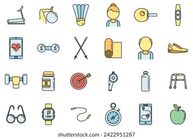 Workout seniors activity icons set. Outline set of workout seniors activity vector icons thin line color flat on white