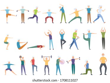 Workout seniors icons set. Cartoon set of workout seniors vector icons for web design