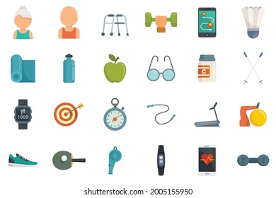 Workout seniors icons set. Flat set of workout seniors vector icons isolated on white background