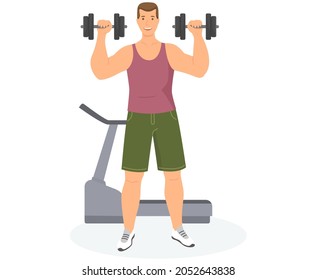 Workout session, daily exercises, fitness time. Male character is doing sports. Man exercising with dumbbells. Athlete, powerlifter is lifting heavy dumbbells against background of treadmill