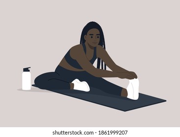 Una sesión de entrenamiento, un joven personaje negro haciendo una extensión de hámstring, deporte y bienestar