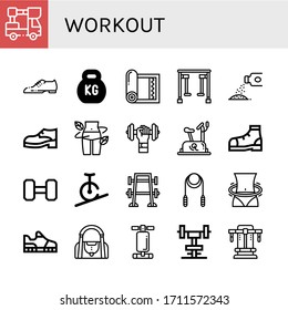 workout simple icons set. Contains such icons as Lifter, Shoes, Kettlebell, Yoga mat, Gym equipment, Powder, Shoe, Diet, Dumbbell, Stationary bike, can be used for web, mobile and logo