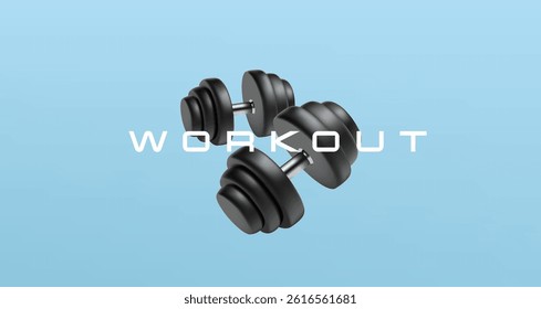 Workout, sport, 3D realistic dumbbells on blue background for sport concepts, healthy lifestyle, promotion, advertising companies. Vector illustration.
