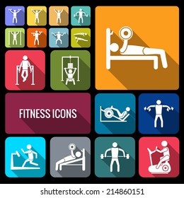 Workout sport and fitness gym training decorative icons flat set of healthy man isolated vector illustration