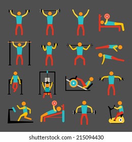 Workout sport and fitness training icons set of athletic healthy man isolated vector illustration