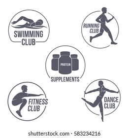 Workout and Sport food supplements logo templates. Fitness, Aerobic, workout exercise in gym. Black and white logo templates, badges and labels. Vector illustration isolated on white background.