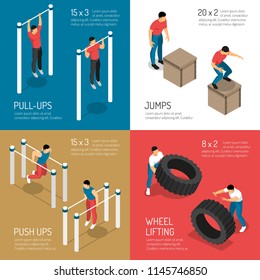 Workout at sports street equipment jumps and wheel lifting isometric design concept isolated vector illustration  