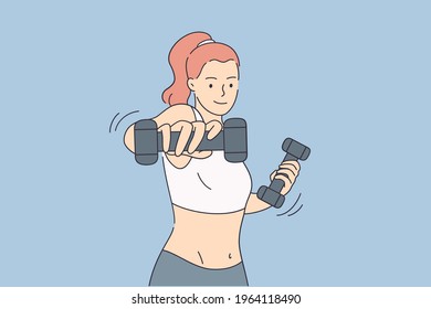 Workout and sports training concept. Cheerful smiling fitness woman cartoon character in sportswear standing and doing workout with dumbbells vector illustration 