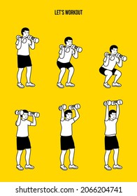 Workout And Sports Training Concept. Sport Man Doing Fitness With Dumbbell Squat And Overhead Press Exercise In 3 Steps. Diagram Of How To Fitness Training Target To Arms Muscles. Vector Illustration.