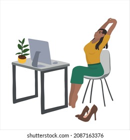 Workout at the table or desk. Woman practicing workout at workplace. Healthy lifestyle, workout at home.
Office worker and doing exercises.  Vector flat illustration.