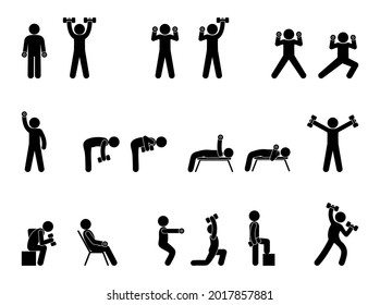 workout techniques with dumbbells, power training, exercises poses, postures, bodybuilding isolated icons, stick figure vector illustration