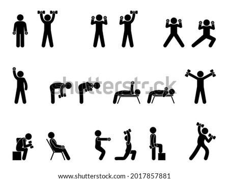 workout techniques with dumbbells, power training, exercises poses, postures, bodybuilding isolated icons, stick figure vector illustration