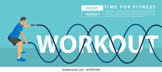 Workout text design with fitness man battle rope exercise, Vector illustration