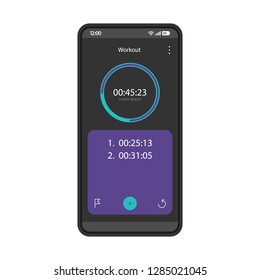 Workout timer smartphone interface vector template. Mobile fitness stopwatch app page black design layout. Sports tracker screen. Flat UI for application.Physical activity timing. Phone display