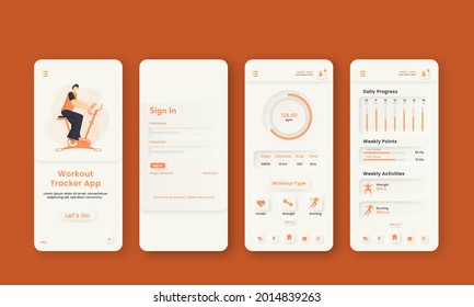 Workout Tracker App Mobile Ui Splash Screens Template On Orange Background.