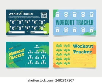 Workout tracker fitness planner control card grunge design template set vector flat illustration. GYM sport training exercise daily physical activity checking coupon for marking athletic fitness