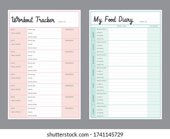 Workout Tracker and Food Diary planner template. Fitness Timetables and Diet Dood Plans organizer page. 2 Set of minimalist planners. Paper sheet. Realistic vector illustration.