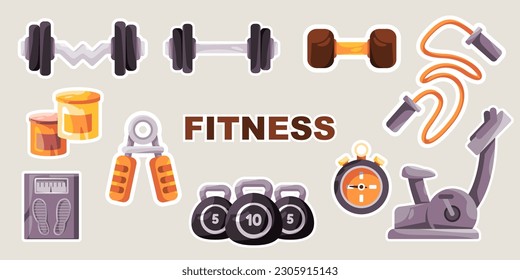 entrenamiento fitness gimnasio cuerpo construir equipo de elevación pesada colección de objetos conjunto ilustración estilo pegatina como barbacoa y baloncesto de hervidor 