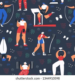 Workout, training flat color seamless pattern. People in sportive clothing cartoon characters. Bodybuilding, athletic exercise. Fitness, sport hand drawn background. Wrapping paper, wallpaper design