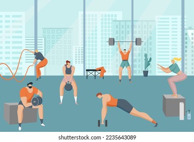 Workout training in gym, cross fit exercise, vector illustration, flat people character use sport equipment, kettlebell, barbell, rope.