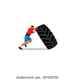 Workout training sign. Extreme power man flipping tire. Vector Illustration. Branding Identity Corporate logo design template Isolated on a white background