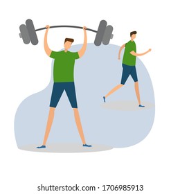 Workout vector concept with male figures wearing sportswear while doing weight lifting and jogging, isolated in white background with gray shades
