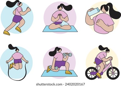 ilustración vectorial sin rostro de entrenamiento y bienestar. Ejercicio interior y exterior. Corriendo, saltando, meditando, en bicicleta, levantando pesas, bebiendo.