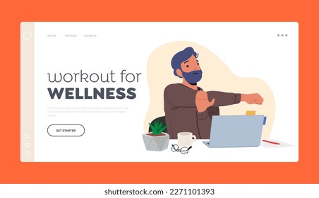 Workout for Wellness Landing Page Template. Male Character Doing Exercises In Office Environment. Man Promotes Fitness Routine During Office Break Time at Workplace. Cartoon People Vector Illustration