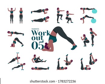 Workout Women set. Women doing fitness and yoga exercises. Lunges, Pushups, Squats, Dumbbell rows, Burpees, Side planks, Situps, Glute bridge, Leg Raise, 
Russian Twist, Side Crunch .etc