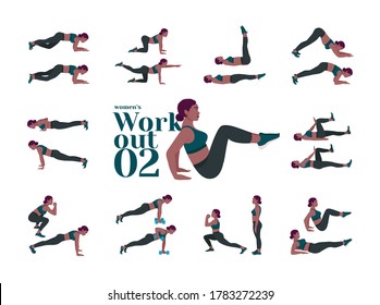 Workout Women set. Women doing fitness and yoga exercises. Lunges, Pushups, Squats, Dumbbell rows, Burpees, Side planks, Situps, Glute bridge, Leg Raise, 
Russian Twist, Side Crunch .etc