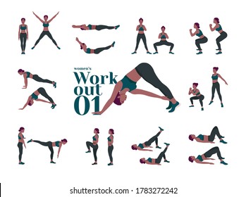 Workout Women set. Women doing fitness and yoga exercises. Lunges, Pushups, Squats, Dumbbell rows, Burpees, Side planks, Situps, Glute bridge, Leg Raise, 
Russian Twist, Side Crunch .etc