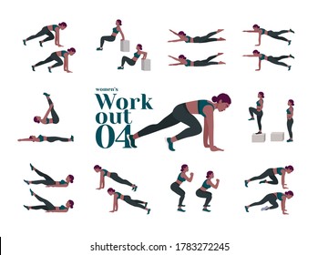 Workout Women set. Women doing fitness and yoga exercises. Lunges, Pushups, Squats, Dumbbell rows, Burpees, Side planks, Situps, Glute bridge, Leg Raise, 
Russian Twist, Side Crunch .etc