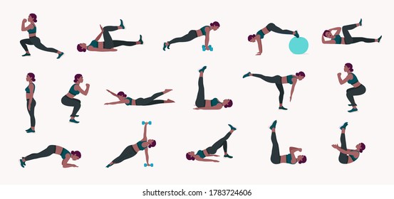 Workout Women set. Women doing fitness and yoga exercises. Lunges, Pushups, Squats, Dumbbell rows, Burpees, Side planks, Situps, Glute bridge, Leg Raise, Russian Twist, Side Crunch .etc