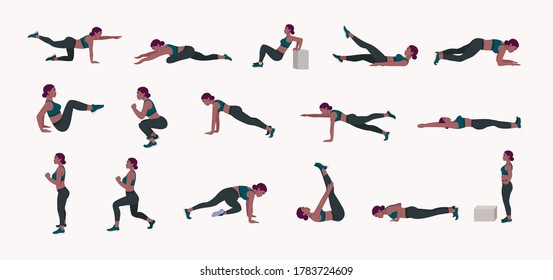 Workout Women set. Women doing fitness and yoga exercises. Lunges, Pushups, Squats, Dumbbell rows, Burpees, Side planks, Situps, Glute bridge, Leg Raise, Russian Twist, Side Crunch .etc